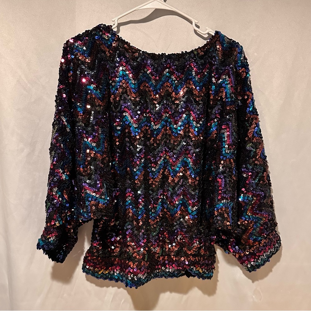 Vintage 80s Sequin Zigzag Multi Colored Batwing Disco Women's Top